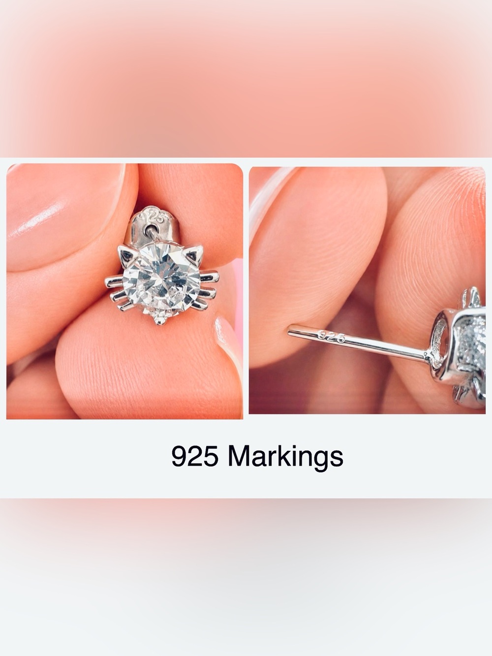 Sterling Silver Shiny 925 Kitty Cat Sparkling CZ Stud Earrings Brand New - Picture 13 of 15